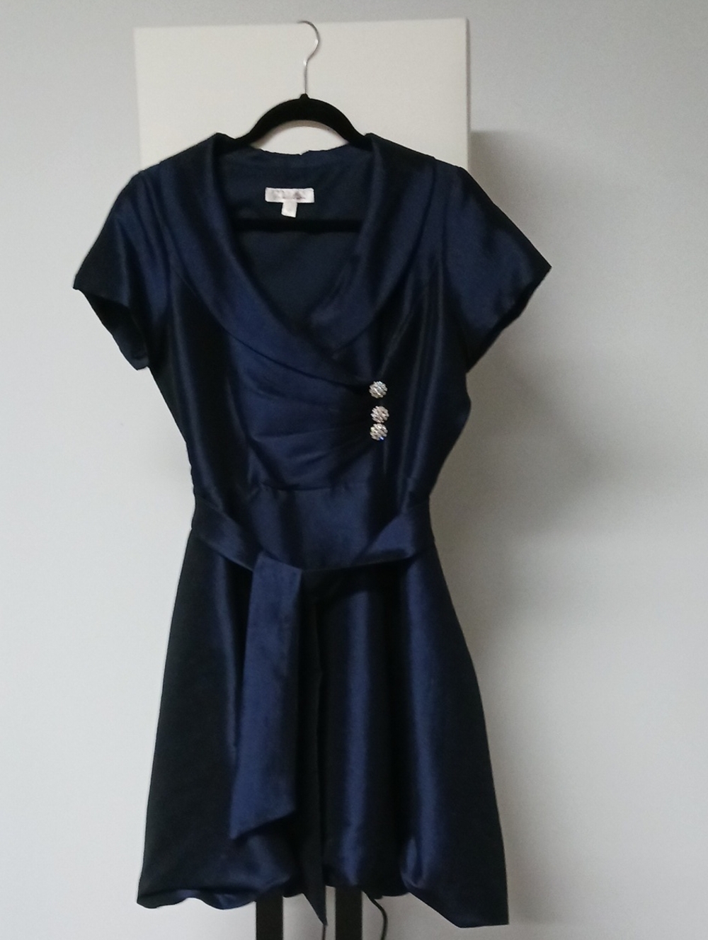 Elegant Navy Satin Fit-and-Flare Dress with Decorative Buttons